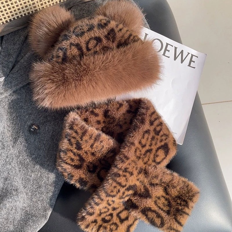 Faux Fur Winter Hat and Scarf Set Plush Hat with Ear Protection Christmas Gift